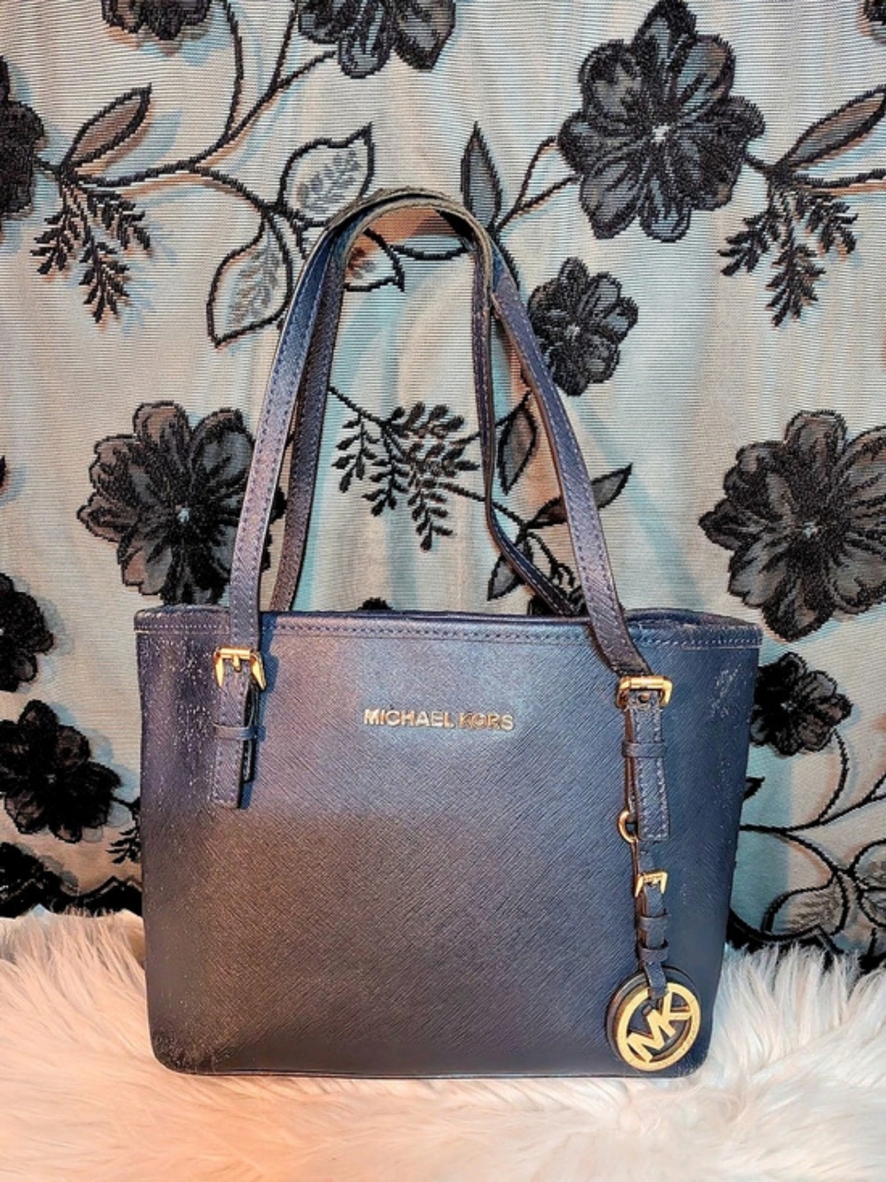 Michael Kors Jet Set Tote | Navy Blue Saffiano Leather | Gold MK Logo